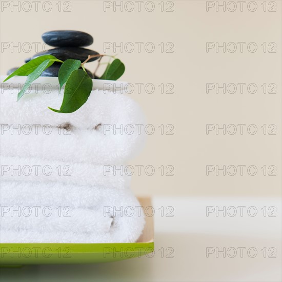 White towels and spa stones. Photo: Daniel Grill