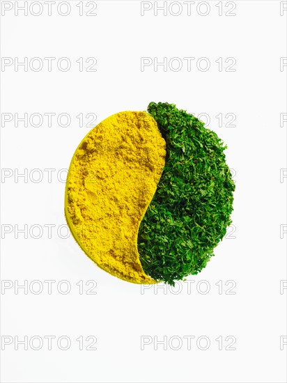 Studio shot of Mustard Powder making Yin and Yang sign on white background. Photo: David Arky