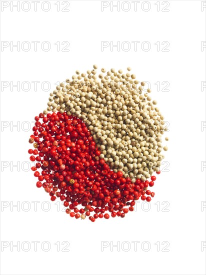 Studio shot of Red Pepper Corns and White Pepper Corns making Yin and Yang sign on white background. Photo : David Arky