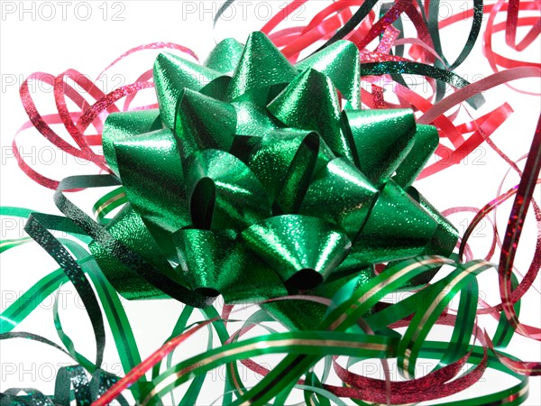 Studio shot of Red and Green Ribbon on white background. Photo : David Arky