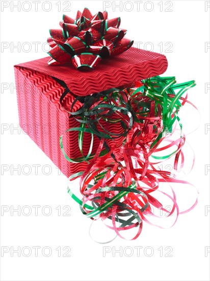 Studio shot of Red and Green Ribbon and Red Box on white background. Photo: David Arky