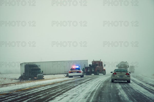 USA, Illinois, Springfield, Semi truck accident on highway during storm. Photo : Henryk Sadura