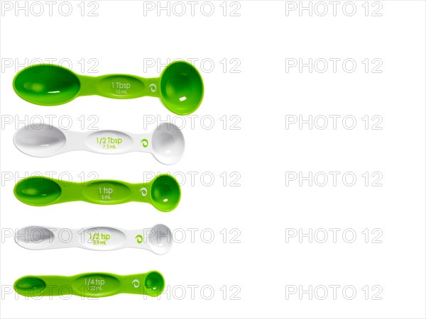 Studio shot of row of green measuring spoons. Photo: David Arky