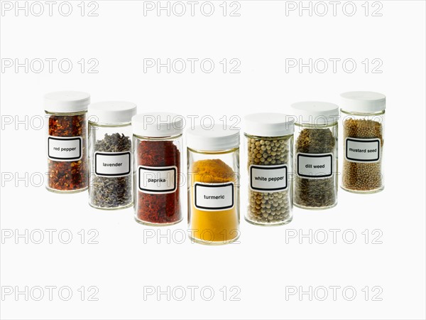 Studio shot of Jars with spices on white background. Photo : David Arky