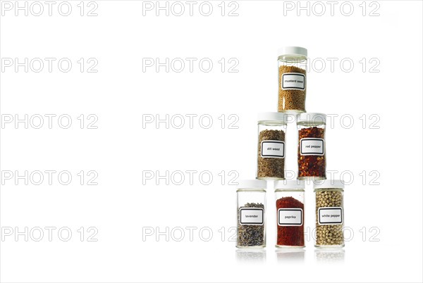 Studio shot of Jars with spices on white background. Photo: David Arky