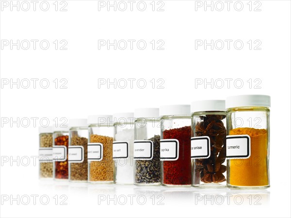 Studio shot of Jars with spices on white background. Photo: David Arky