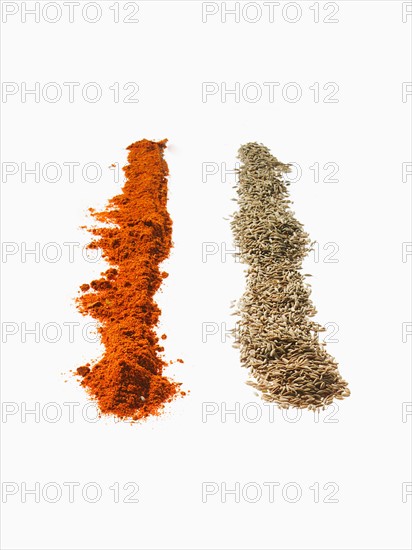 Studio shot of Red Chili Powder and Tumeric Powder on white background. Photo: David Arky