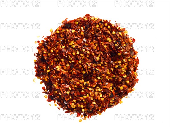 Studio shot of Hot Pepper Flakes on white background. Photo : David Arky