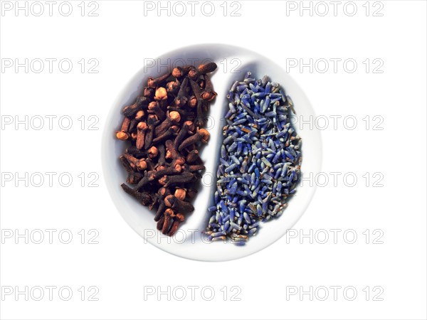 Studio shot of cloves and lavender flowers in Yin and Yang shape. Photo : David Arky