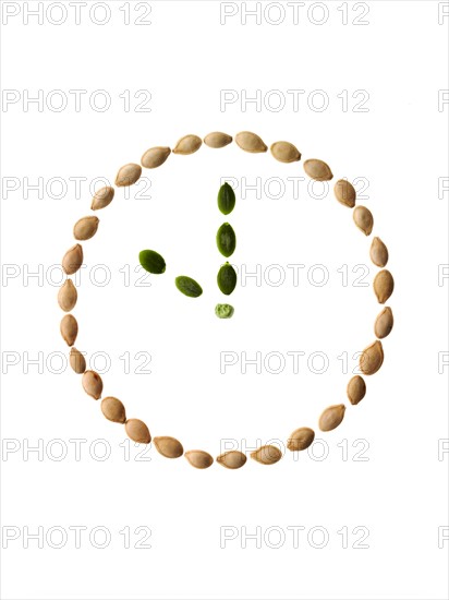 Studio shot of Pumpkin Seeds in shape of clock on white background. Photo: David Arky