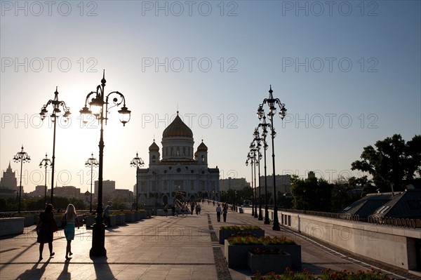 Russia, Moscow, Silhouette of Cathedral of Christ the Savior at sunset. Photo: Winslow Productions