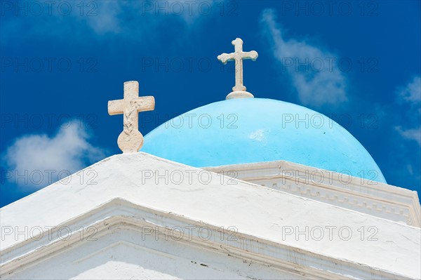 Greece, Cyclades Islands, Mykonos, Church dome with cross.