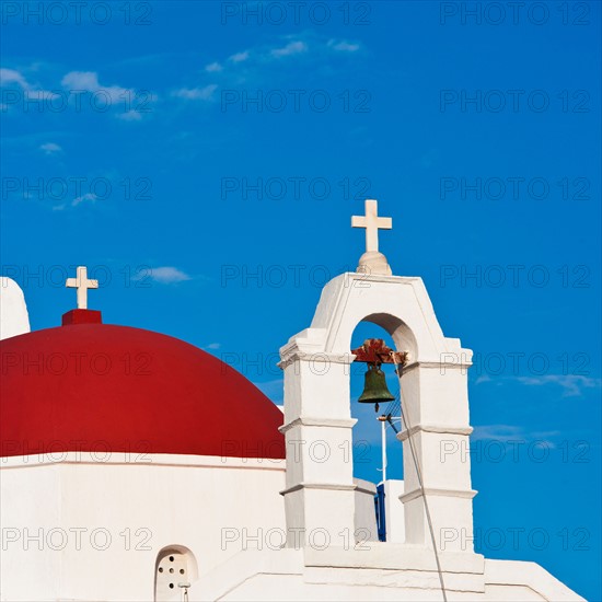 Greece, Cyclades Islands, Mykonos, Church with bell tower.