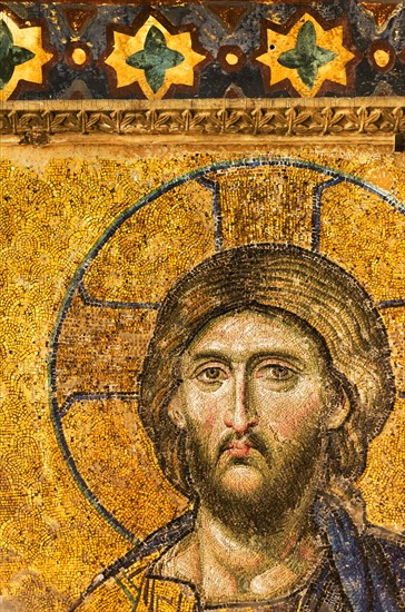 Turkey, Istanbul, Mosaic of Christ Pantocrator in Haghia Sophia Mosque .