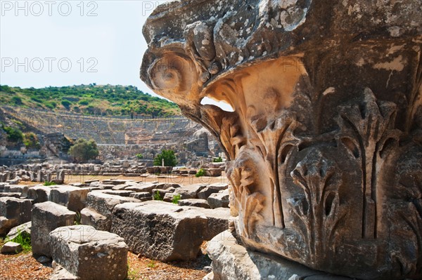 Turkey, Ephesus, Corinthian column in Roman amphitheatre.