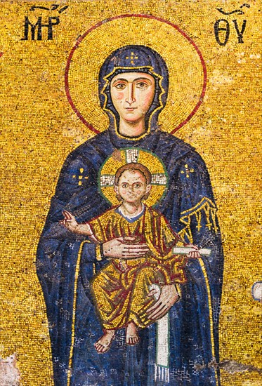 Turkey, Istanbul, Mosaic of Virgin mary holding Jesus in Haghia Sophia Mosque .
