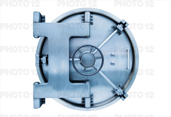 Bank vault door on white background.