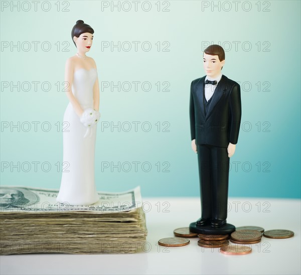 Close up of wedding cake figurines on coins and banknotes. Photo : Jamie Grill