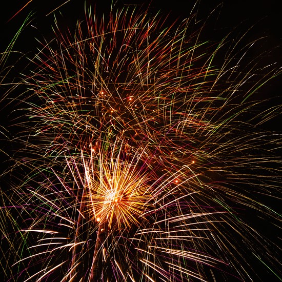 Fireworks explosion against night sky.