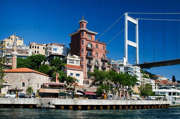 Turkey, Istanbul, Fortress of Europe with Fatih Sultan Mehmet Bridge over Bosphorus.