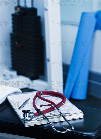 Close up of stethoscope in gym. Photo : Daniel Grill