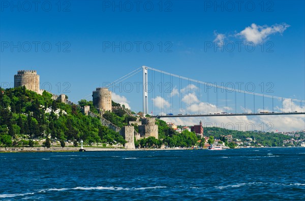 Turkey, Istanbul, Fortress of Europe with Fatih Sultan Mehmet Bridge over Bosphorus.