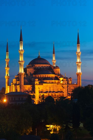 Turkey, Istanbul, Haghia Sophia illuminated at dusk.