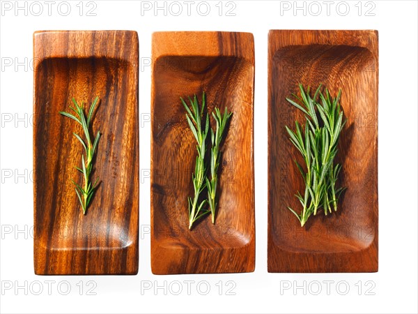 Studio shot of rosemary on wooden trays. Photo: David Arky