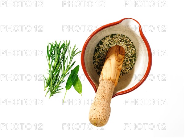 Studio shot of herbs and mortar and pestle. Photo : David Arky