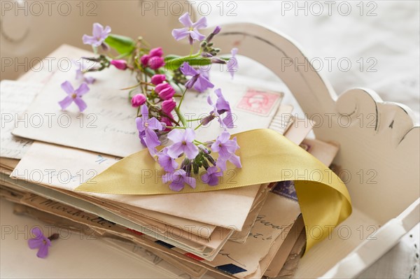 Flowers on top of letters.