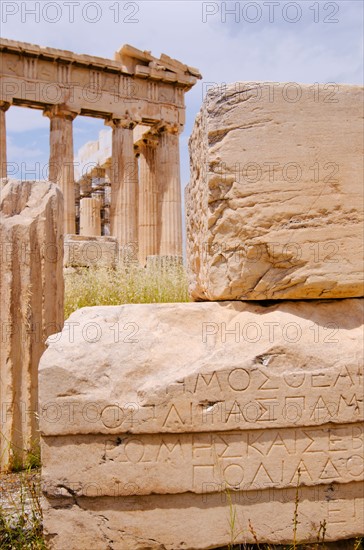 Greece, Athens, Acropolis, Greek inscription on ruins of Parthenon.