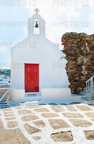 Greece, Cyclades Islands, Mykonos, Church with bell tower.