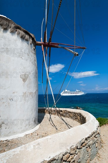 Greece, Cyclades Islands, Mykonos, Old windmill at coast.