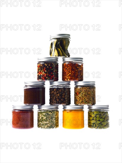 Studio shot of jars with spices. Photo: David Arky