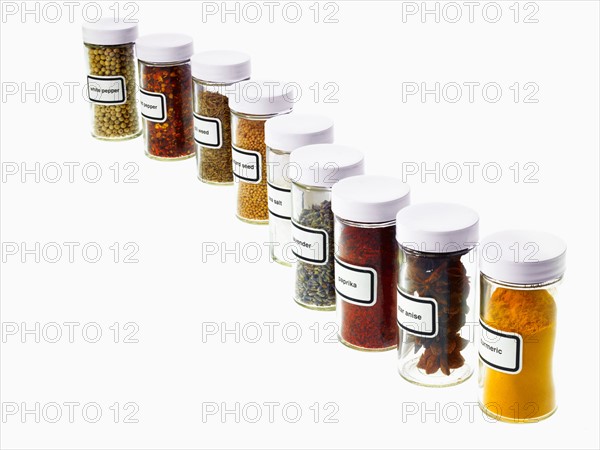 Studio shot of Jars with spices on white background. Photo: David Arky