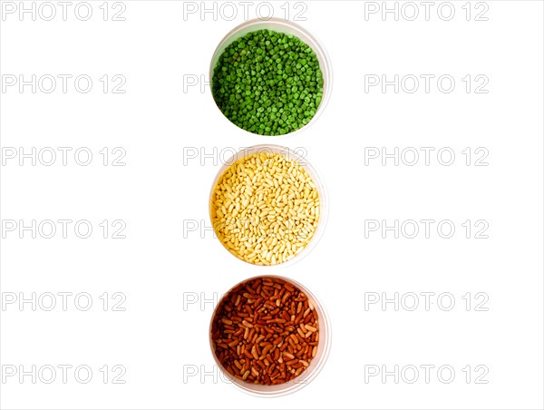 Studio shot of Mixed Seeds making Stop Light sign on white background. Photo: David Arky