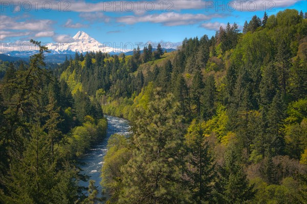 USA, Oregon, High angle view of Hood river with Mt Hood in background. Photo: Gary J Weathers