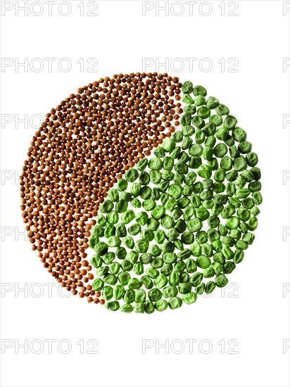 Studio shot of Cardamom Seeds and Pea Seeds making Yin Yang on white background. Photo: David Arky