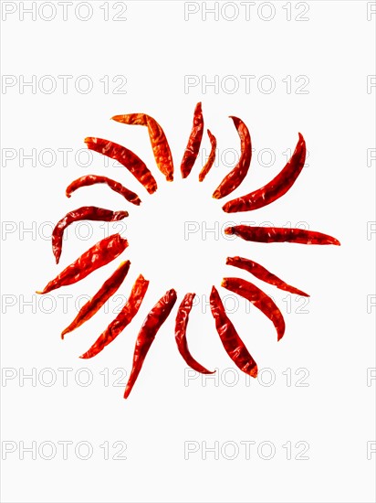 Studio shot of Red Chili Peppers on white background. Photo: David Arky