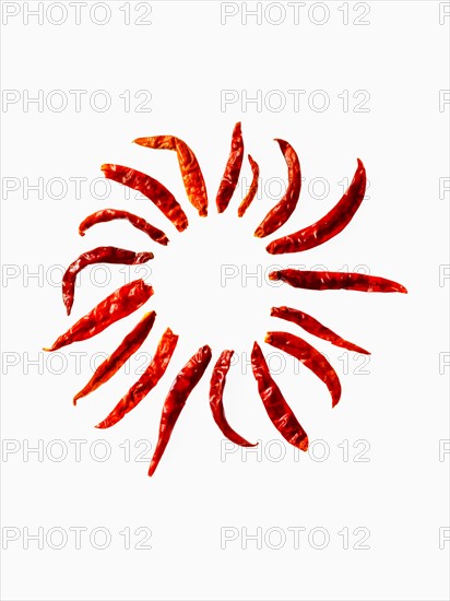 Studio shot of Red Chili Peppers on white background. Photo : David Arky