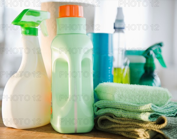 Close up of detergents and cleaning equipment. Photo : Jamie Grill