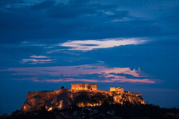Greece, Athens, Acropolis illuminated at night.