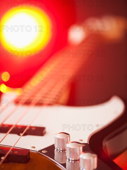 Close up of bass guitar. Photo : Daniel Grill