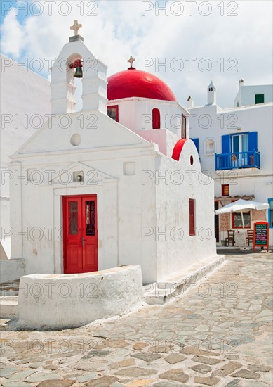 Greece, Cyclades Islands, Mykonos, Church with bell tower.