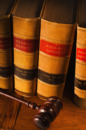 Studio shot of law books and gavel.