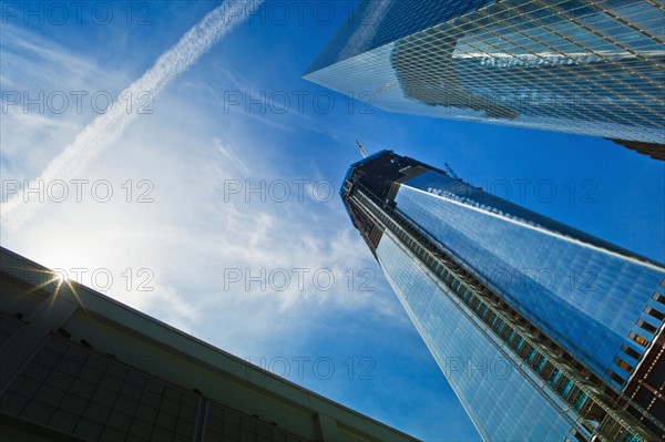 USA, New York, New York City, Lower Manhattan, Ground Zero, Freedom Tower seen from below.