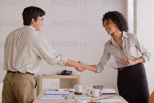 Businessman and businesswoman handshake during meeting. Photo : Rob Lewine