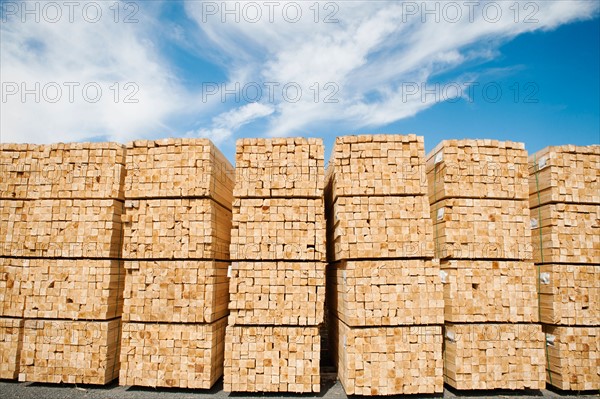 Orderly stacks of timber.