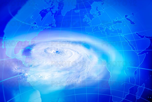 CGI of world map and hurricane clouds.