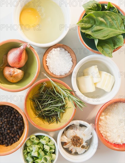 Close up of fresh ingredients in bowls. Photo : Jamie Grill